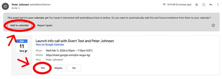 Screenshot showing how to accept the calendar invite